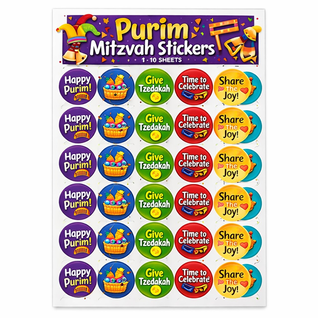 Purim Mitzvah Stickers 1 Inch – Jewish Holiday Reward Stickers, 10 Sheets for Classrooms & Crafts